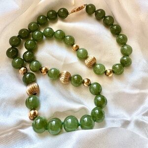 Green Stone Bead Necklace with Gold Color Accent Beads 15inches